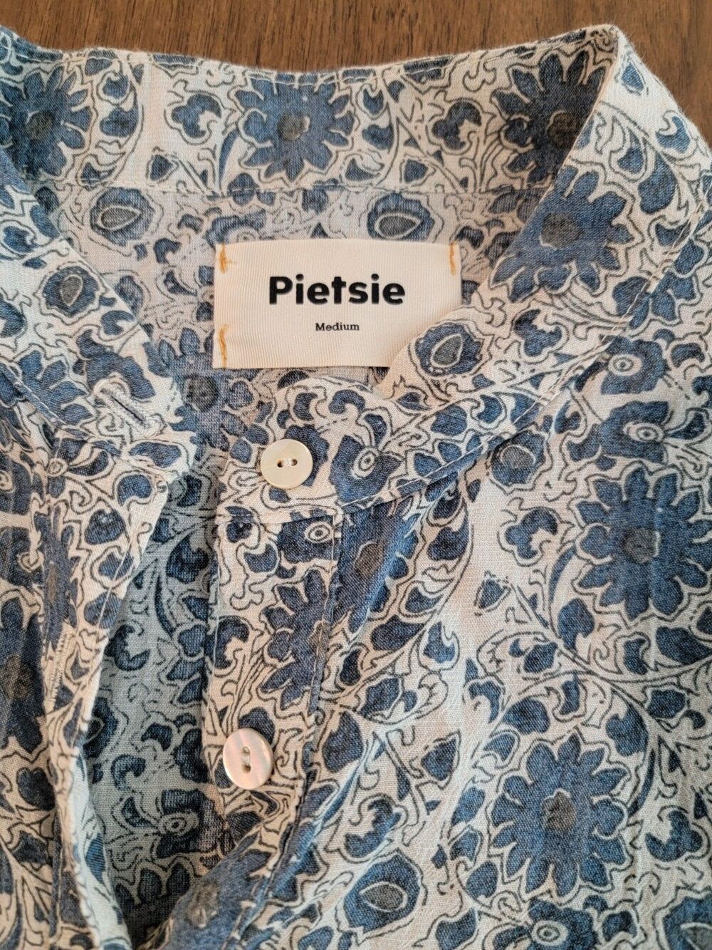 Pietsie Atlin Boho Blouse Top Womens size M 100% Cotton Blue Floral Band Collar - Picture 13 of 17